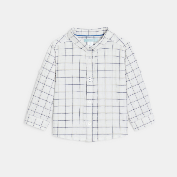 قميص بمربعات بأكمام طويلة قابل للطي باللون الأبيض للأولاد الصغار